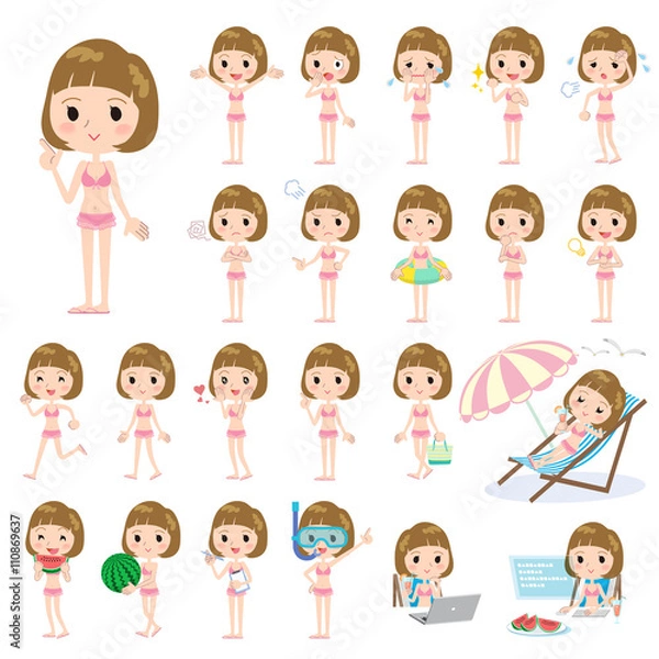 Fototapeta Straight bangs hair woman pink ruffle Swimwear style