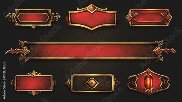 Fototapeta Red ui button frame for fantasy game banner vector. Medieval title bar element set. Play interface with metal border for rpg or casino app. Decorative ornate glossy menu panel or badge collection