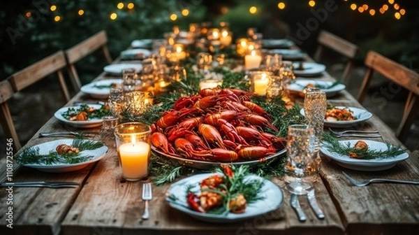 Obraz Kräftskiva celebrations come alive with a beautifully set outdoor table, adorned with vibrant crayfish, twinkling candles, and fresh greenery for a festive atmosphere.