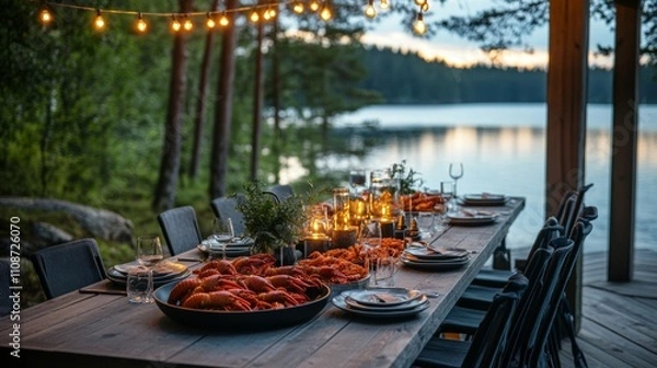 Obraz Kräftskiva celebrates a joyful outdoor feast by the water, adorned with vibrant red crayfish, twinkling lights, and a serene backdrop of nature, creating a cozy summer atmosphere.