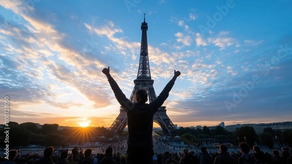 Fototapeta With arms triumphantly raised, a silhouette celebrates victory in front of the Eiffel Tower, under a breathtaking sunrise.
