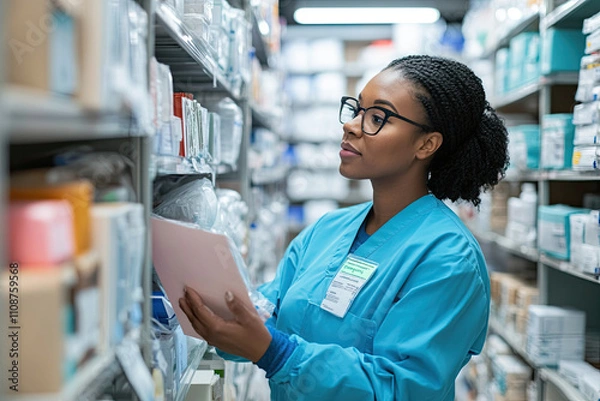 Obraz Plus-size healthcare worker checking inventory in a supply room