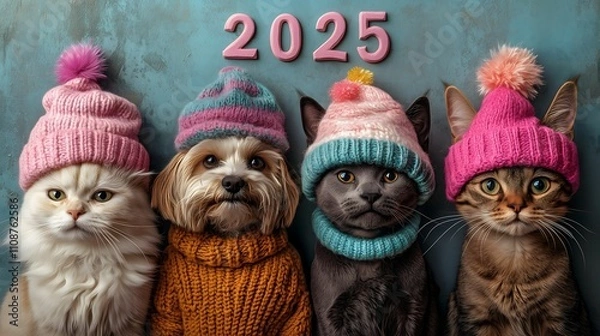 Obraz Cute dogs and cats celeberate 2025 Happy New Year ,Animal Party ,wear party hats, with "2025" written in a playful by fun font.