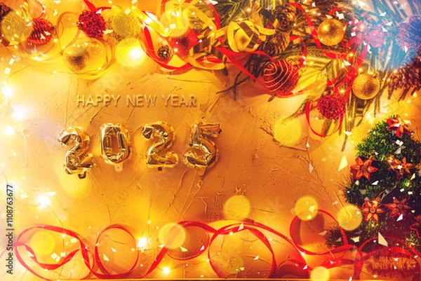 Obraz Christmas decoration balls and ornaments over abstract bokeh background with copy space. Holiday background greeting card for Christmas and New Year. Merry Christmas