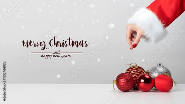 Obraz Christmas composition. Christmas balls with red on white background.