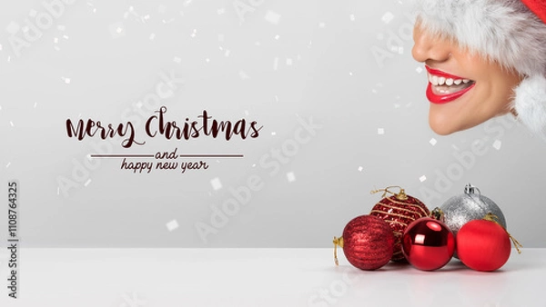 Obraz Christmas composition. Christmas balls with red on white background.