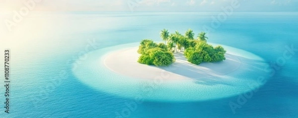 Fototapeta A serene tropical island with lush greenery surrounded by clear blue water and gentle waves under a bright sky.