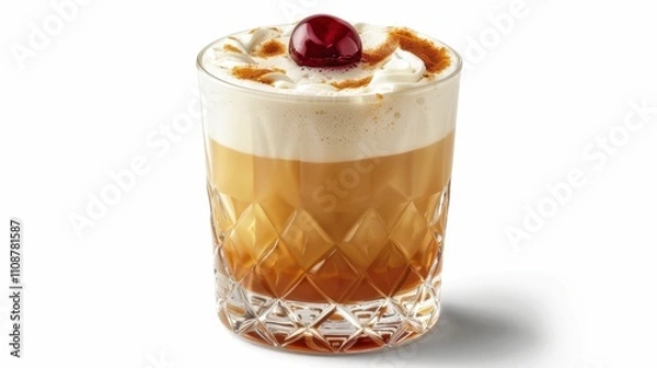 Fototapeta A whiskey sour in a short glass with a cherry on top, isolated on white background