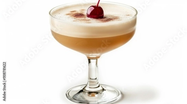 Fototapeta A whiskey sour in a short glass with a cherry on top, isolated on white background