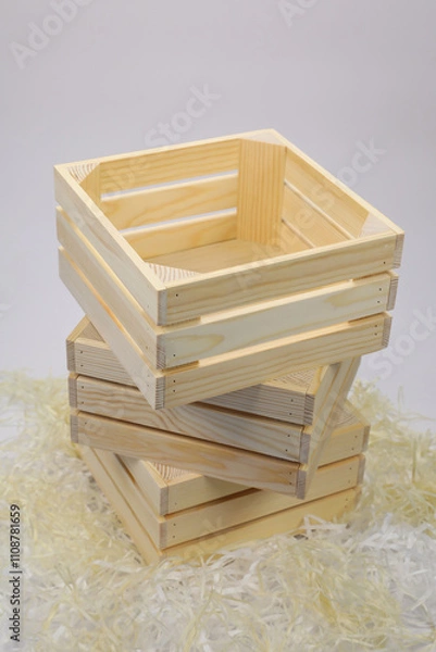 Obraz Wooden box or box for packing New Year's gifts, packaging for Christmas or birthday gift, made of wood and plywood