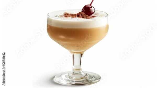 Fototapeta A whiskey sour in a short glass with a cherry on top, isolated on white background