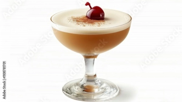 Fototapeta A whiskey sour in a short glass with a cherry on top, isolated on white background