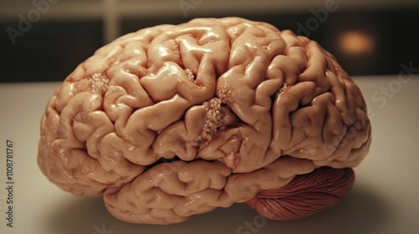 Fototapeta Close-up of human brain showing plaques. Understanding the complexities of neurological conditions through detailed anatomical study.