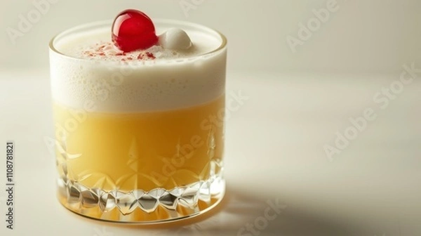 Fototapeta A whiskey sour in a short glass with a cherry on top, isolated on white background