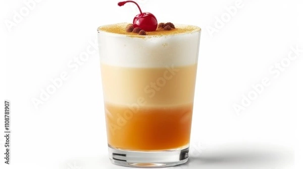 Fototapeta A whiskey sour in a short glass with a cherry on top, isolated on white background