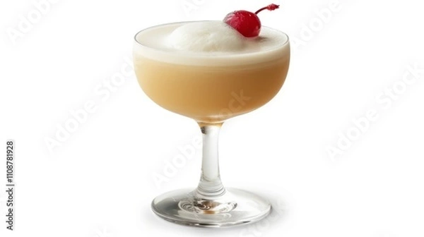Fototapeta A whiskey sour in a short glass with a cherry on top, isolated on white background
