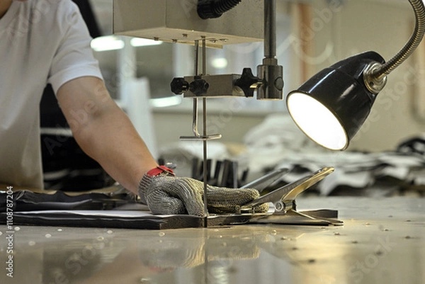 Obraz sewing factory sew fabric seamstress knitwear wool hands toy slippers red sewing machine iron ironing blue pattern templates needles carpets scissors cut lamp