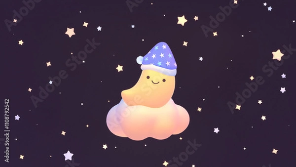 Fototapeta 3D render cartoon moon with nightcap in the starry sky.