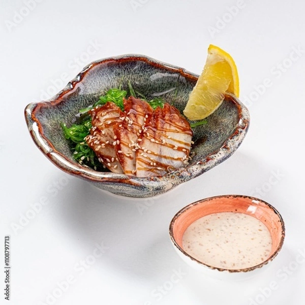 Fototapeta Eel with Chuka Salad, Sauce, and Sesame on a Plate Against a White Background