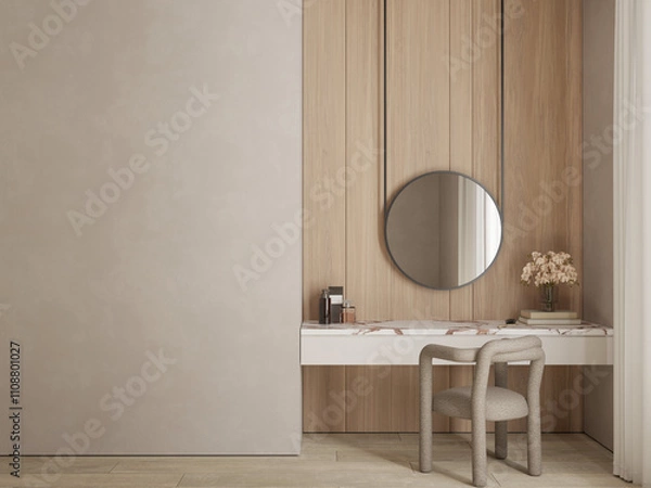 Fototapeta Minimalist make up vanity design with table , chair , mirror and decor , empty wall space background mock up , 3d rendering