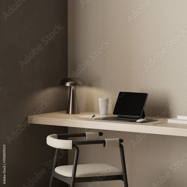 Fototapeta Japandi home office close up design with desk , chair , tablet and decor , 3d rendering