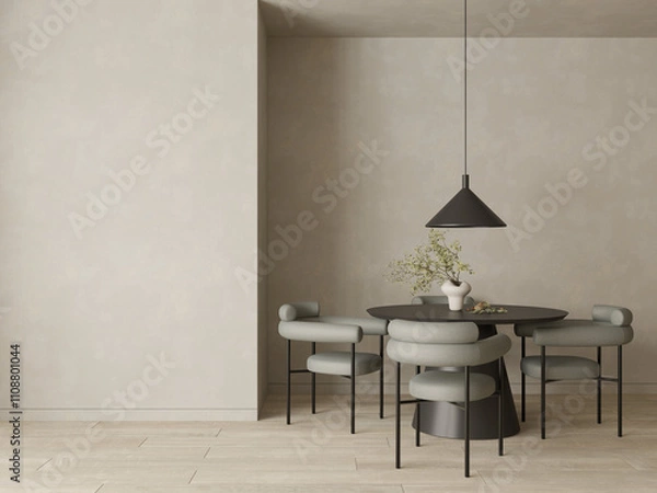Fototapeta Modern minimalist dining room interior with table , chairs and decor , empty wall space background mock up , 3d rendering
