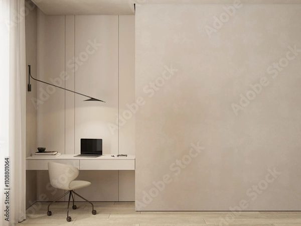 Fototapeta Modern minimalist home office interior design with desk , chair and laptop , empty wall space background mock up , 3d rendering
