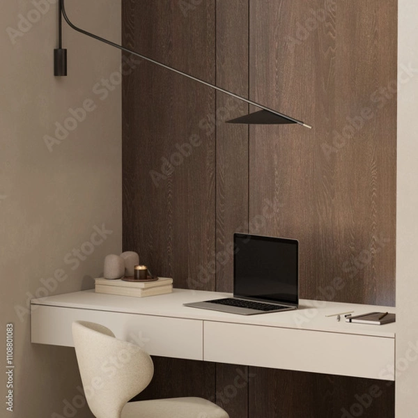 Fototapeta Modern home office close up design with desk , chair and laptop , wooden panels , 3d rendering