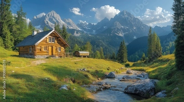 Fototapeta A serene mountain landscape featuring a wooden cabin by a stream, surrounded by lush greenery.