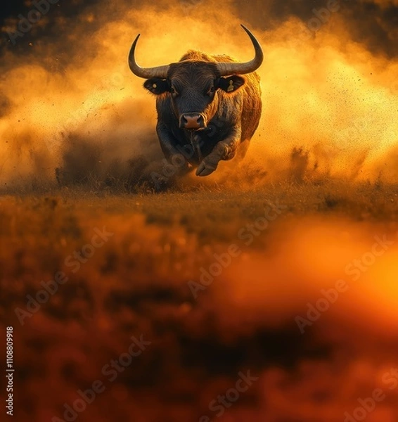 Fototapeta Charging bull in a cloud of dust at sunset