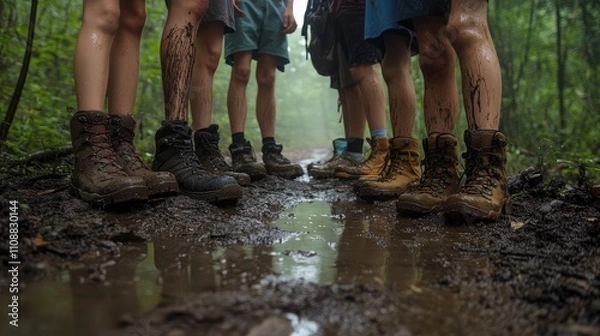 Fototapeta Group of hikers in muddy terrain showcasing rugged footwear, demonstrating adventure spirit and connection with nature through exploration in a forest setting