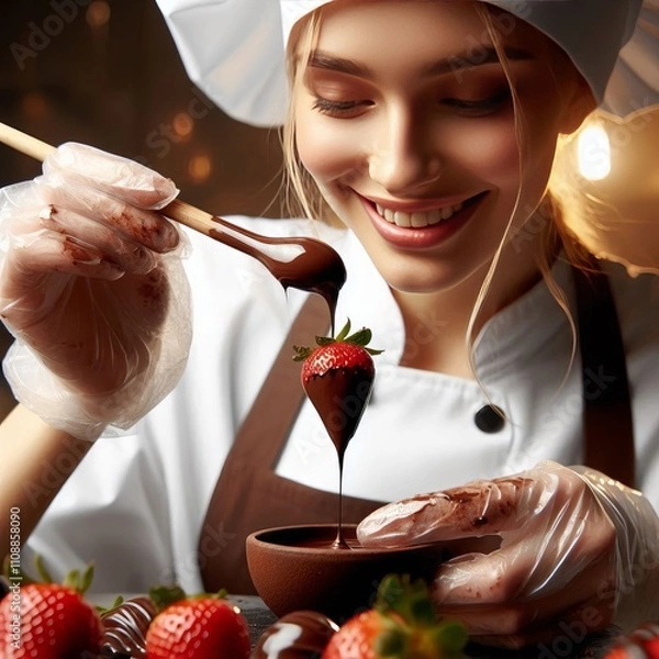 Obraz 157 A chocolatier dipping a strawberry in rich melted chocolate