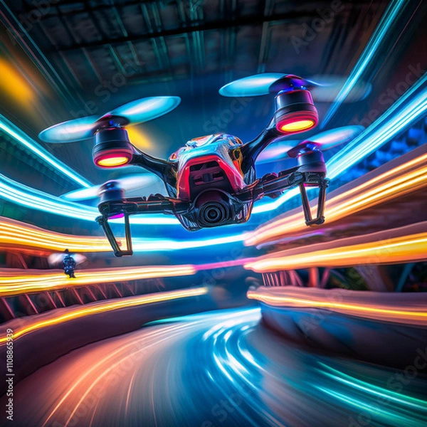 Fototapeta High-Speed Racing Drone on Neon Track with Motion Light Trails