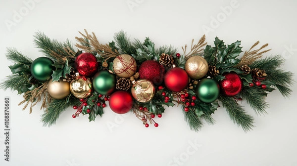Fototapeta Christmas garland with red and gold ornaments