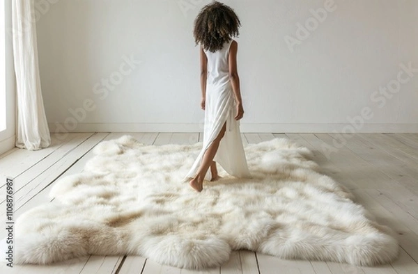 Fototapeta Large sheepskin rug, with a woman walking barefoot on it, creating a feeling of softness, warmth, and comfort