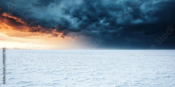 Obraz A dramatic seascape featuring dark storm clouds contrasting with a glowing sunset over calm water.