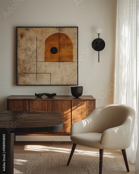 Fototapeta photo of an art print hanging on the wall above three drawers in a wooden cabinet, inspired by cubist paintings. On top are books and papers from a work station, against white walls with a wooden door
