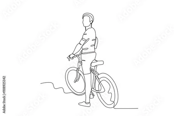 Obraz Single continuous line drawing of Man resting sitting on his bicycle in the park. Dynamic single line draw design graphic vector illustration.
