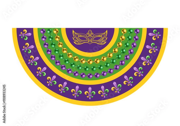 Fototapeta Semicircle Mardi Gras banner, flag for holiday celebration, decoration. Half circle bunting with Fleur de Lis symbol masks, strings of beads. Vintage style
