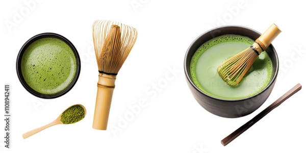 Fototapeta cup of matcha tea with traditional whisk, showcasing vibrant green hues and minimalistic design. Perfect for tea lovers and wellness enthusiasts