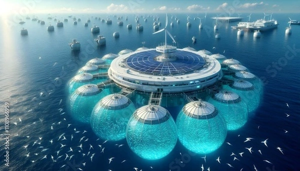 Obraz Sustainable Aquaculture: Futuristic ocean fish farm with solar panels and wind turbines.