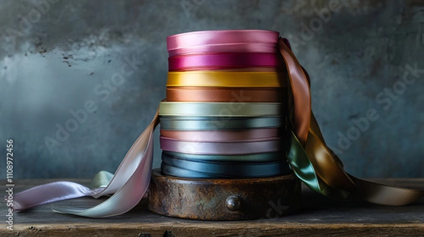 Fototapeta Colorful sewing ribbons on a shelf in a tailor shop , Colorful ribbons on wooden table, closeup , Celebration concept , Close up of colorful ribbon
