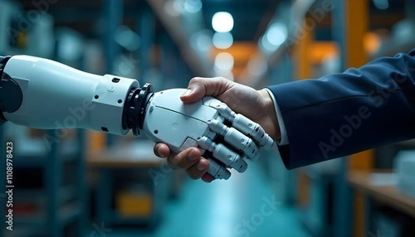 Fototapeta MLB Mechanized industry robot arm and business handshake double exposure. Concept of successful agreement of artificial intelligence for industrial revolution and automation process in future factory.