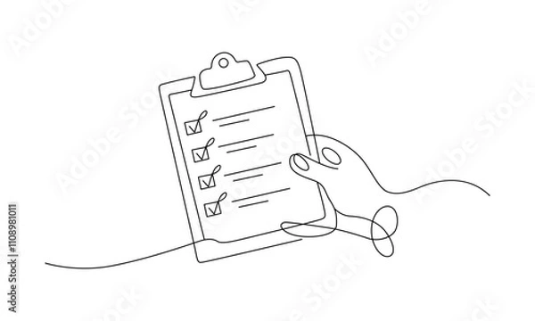 Fototapeta One line art of clipboard checklist holding hand vector art illustration