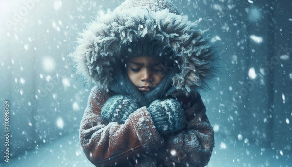 Fototapeta A child shivering in cold and snowy weather