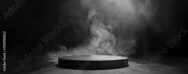 Obraz Dark dramatic podium with rising smoke effects. Mysterious black circular platform display in moody atmosphere with fog creating dramatic product showcase setting. 8k mockup banner background