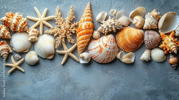 Fototapeta A variety of seashells and starfish on a gray surface