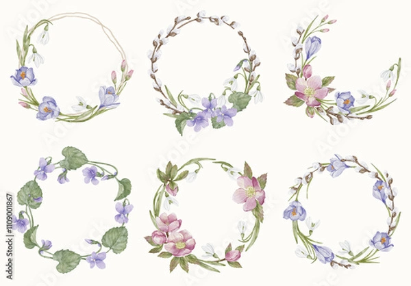 Obraz Watercolor Wreath Template Set With Floral Elements.