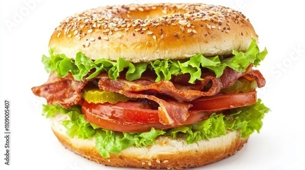 Fototapeta  a bagel sandwich with bacon, lettuce, tomato and pickles on a white background The bacon is crispy and golden brown, the lettuce is a vibrant green, the tomato is