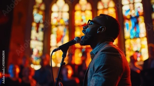 Fototapeta Gospel singer leading a choir in a church, passionately singing into a microphone, surrounded by uplifting stained-glass windows.